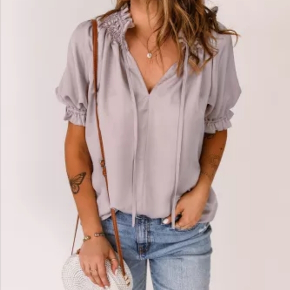 None Tops - New boutique khaki split ruffle top